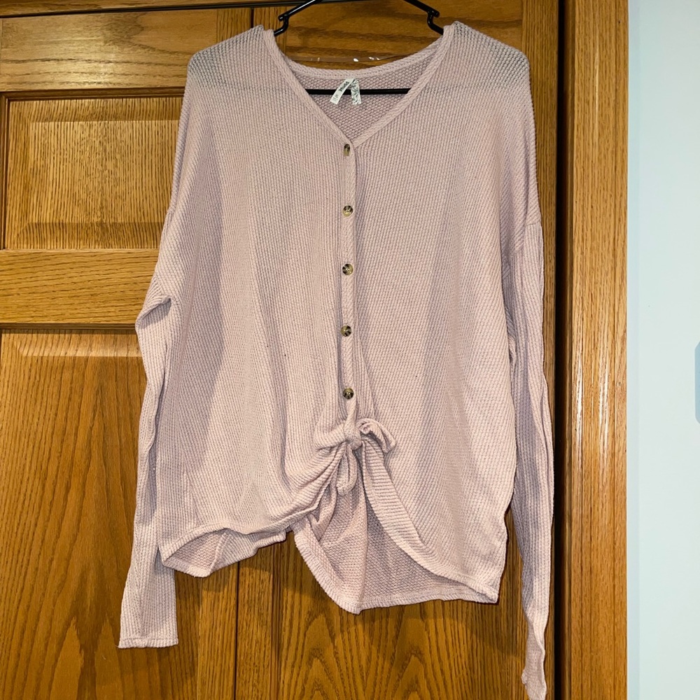 Mudd Pink Knit V-Neck Button-up Sweater with Tie Front Size XL